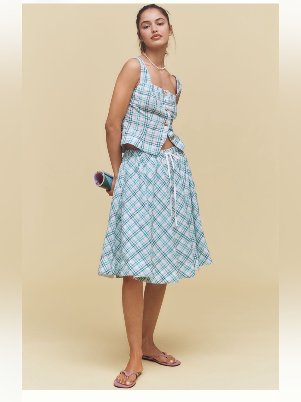 Anthropologie Tank and Skirt Set Mint Plaid